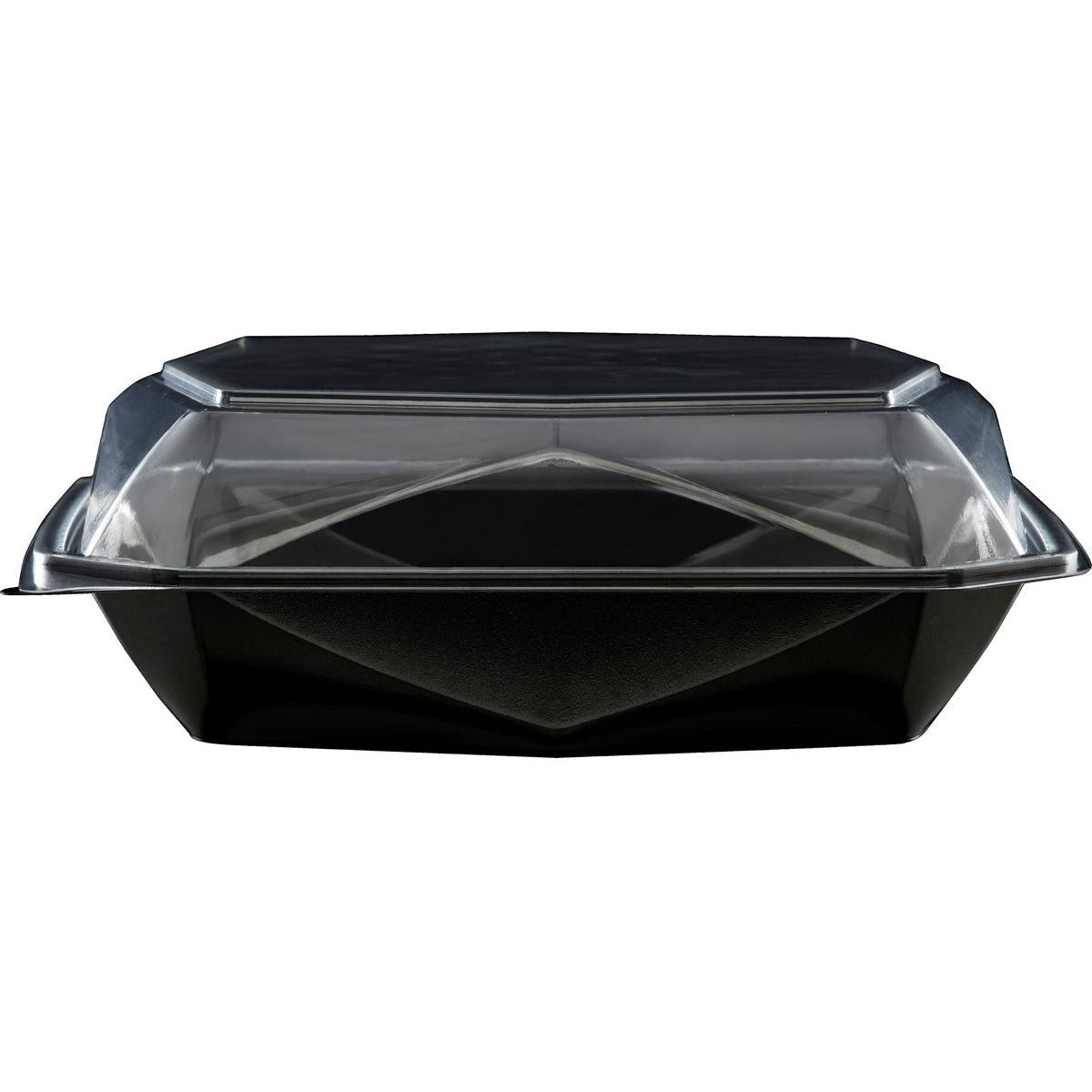 Ein Duni GmbH Octaview® L+ Schwarz/Transparent APET 225x225x80 Entnahmebehälter mit klarem Deckel ist geschlossen und leer vor einem weißen Hintergrund abgebildet. Die Packung enthält 100 Stück.