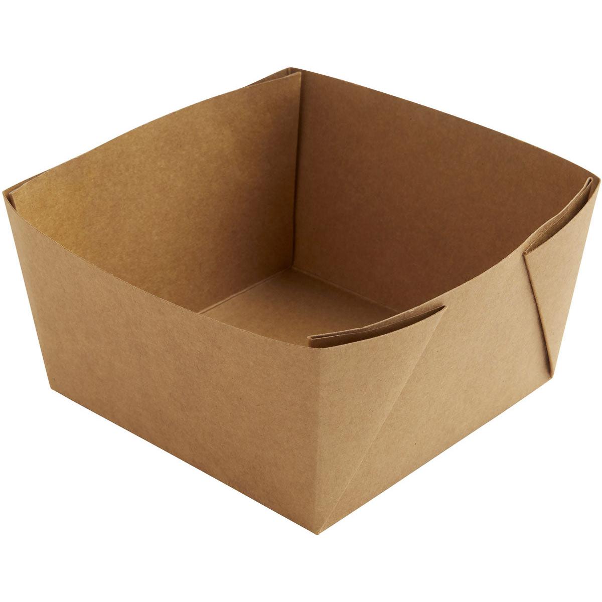 A simple Viking Block Box in brown cardboard/PE (140x140x75) from Duni GmbH, with folded corners, shown empty against a white background. Pack of 300.