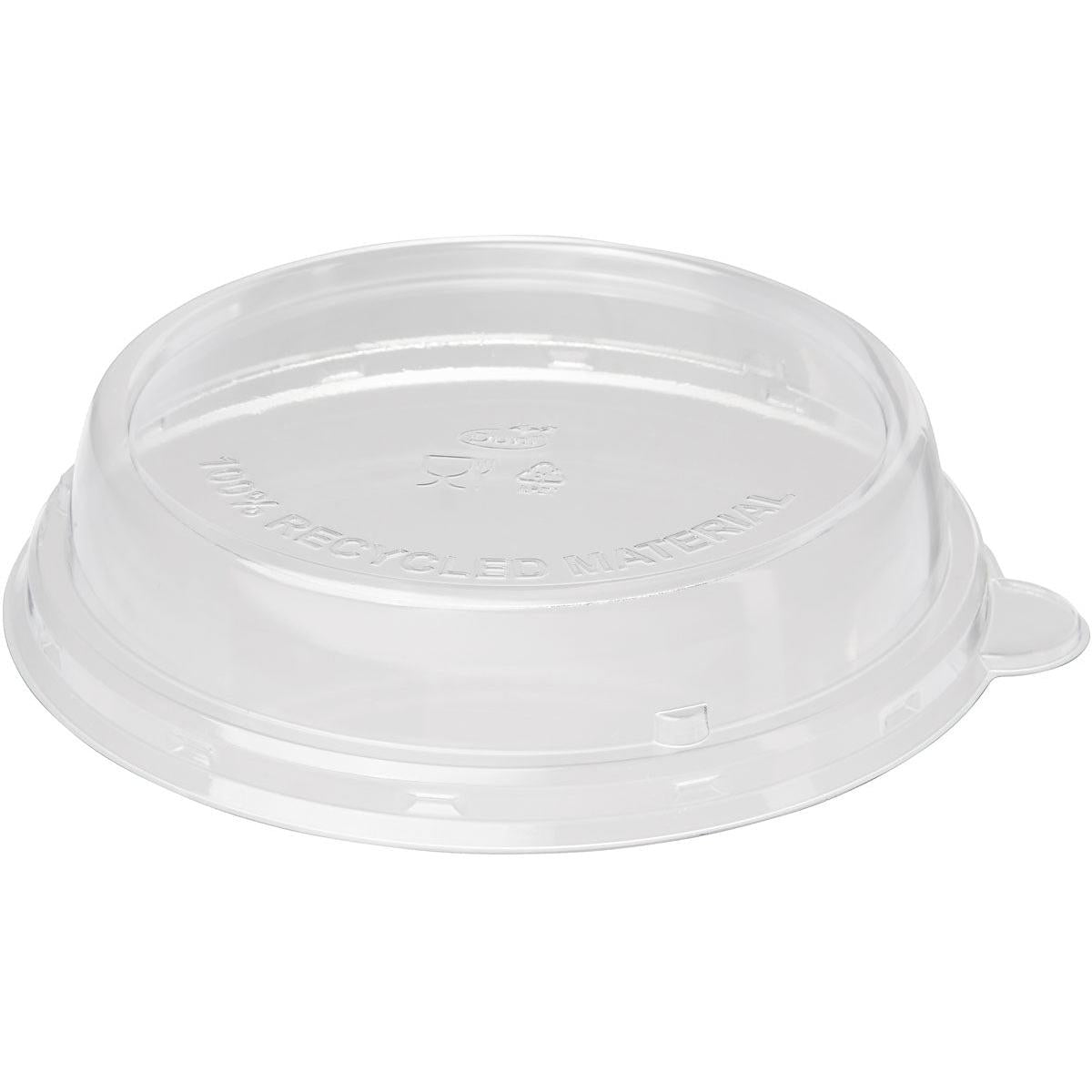 The rPET lid 600 ml Transparent rPET 170x170x35 from Duni GmbH is a clear, round lid with a tear tab and embossing "100% RECYCLED MATERIAL", ideal for the eco-friendly packaging of your 600 ml containers. The pack contains 40 pieces.