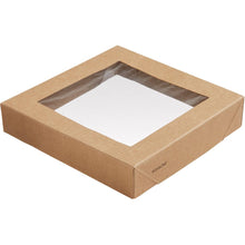 Ein quadratischer brauner Viking Block Deckel der Duni GmbH aus Karton mit einem PLA-Transparentfenster (140x140x29 mm), das den Inhalt sichtbar macht. Auf einer Ecke dieser nachhaltigen Verpackung ist "ecoecho" aufgedruckt. Packung: 300 Stück.