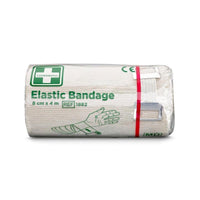 One roll of Orkla Wound Care AB Elastic Bandage, 8 cm x approx. 4 m, with a clip (1 piece) comes in transparent packaging with a green-and-white label showing how to apply the bandage to an arm.