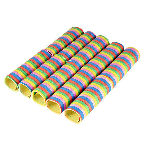 Zehn PAPSTAR Luftschlangen 4 m "Stripes" (flammhemmende Folie) von PAPSTAR GmbH mit bunten Streifen - die ideale Partydekoration.