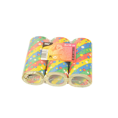 The 3 giant streamers 15 m flame retardant from PAPSTAR GmbH consist of three long, flame retardant party streamers with dot and stripe patterns - ideal for colorful decorations and are neatly packaged with a product information label on top.
