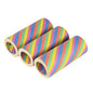 Three empty PAPSTAR 3 giant streamers 15m flame retardant from PAPSTAR GmbH, depicted side by side with bright yellow, blue, pink, green, and orange stripes - perfect for colorful decorations on a white background.