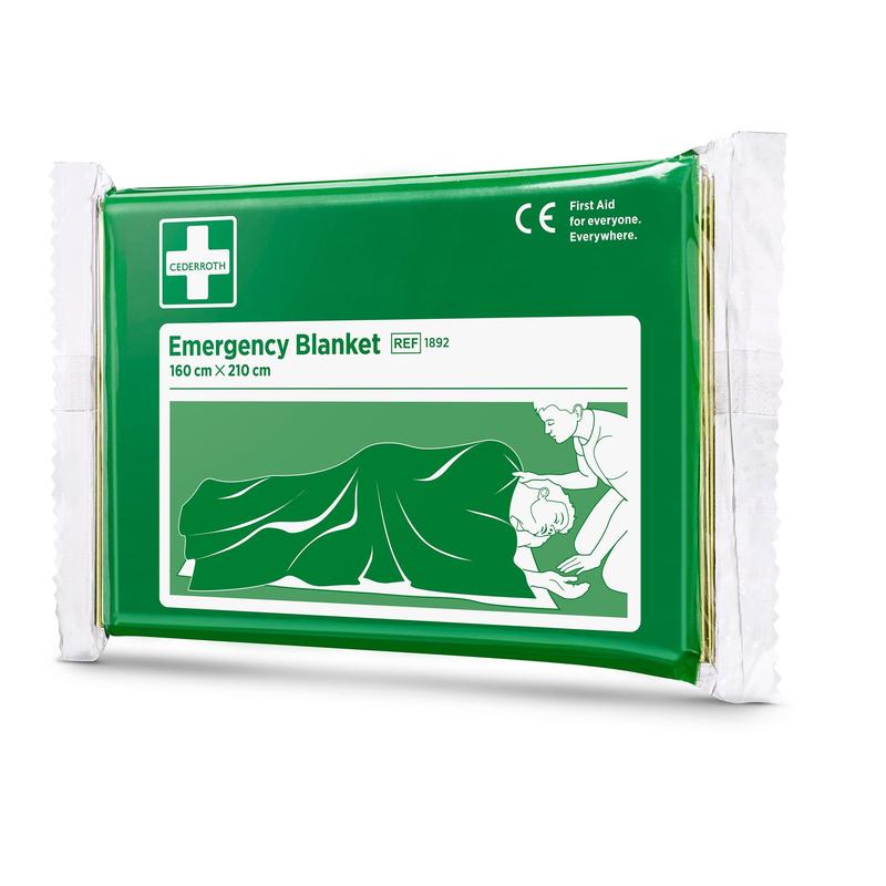 Eine grün-weiß verpackte Cederroth Notfalldecke (1 Stück) von Orkla Wound Care AB, 160 x 210 cm, mit der Abbildung einer Person, die eine andere zudeckt - ein Muss für jede Erste-Hilfe-Ausrüstung.