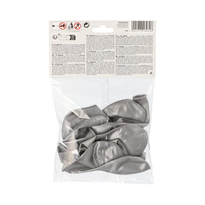 In a transparent plastic bag there are 10 uninflated gray PAPSTAR balloons Ø 25 cm from PAPSTAR GmbH, with a white label with text and symbols - perfect for a stylish decoration.