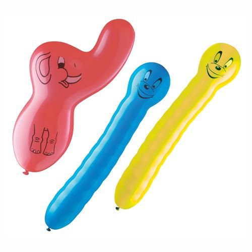 Die PAPSTAR Luftballons farbig sortiert (3 Stück, verschiedene Formen) von PAPSTAR GmbH zeigen bunte Cartoon-Gesichter - darunter ein roter Elefantenkopf mit Beinen - und sind ideal als Partydeko für besondere Anlässe.