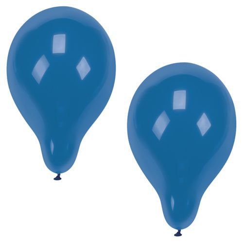 Two inflated PAPSTAR 10 balloons Ø 25 cm from PAPSTAR GmbH in blue made of high-quality latex are presented on a white background with visible light reflections – ideal for a stylish decoration.