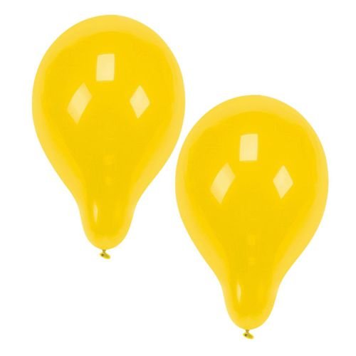 Two yellow PAPSTAR 10 balloons Ø 25 cm from PAPSTAR GmbH shine against a white background. The teardrop-shaped balloons with knots at the bottom and reflective highlights are perfect as decoration.