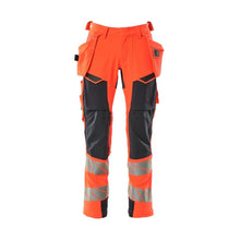 Pants with hanging pockets, ULTIMATE STRETCH pants, Hi-vis red/black-blue