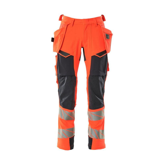 Pants with hanging pockets, ULTIMATE STRETCH pants, Hi-vis red/black-blue