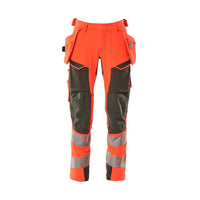 Trousers with hanging pockets, ULTIMATE STRETCH trousers, hi-vis red/dark anthracite