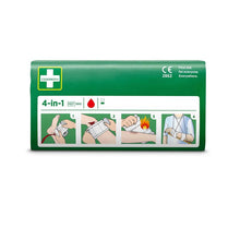 Eine grüne Cederroth 4-in-1 blutstopper Packung (1 Stück) von Orkla Wound Care AB, abgebildet mit einer illustrierten Anleitung zum Wickeln der Hand, Befestigen eines Verbandes, Behandeln von Verbrennungen und Herstellen einer Armschlinge. Abgebildet auf weißem Hintergrund.