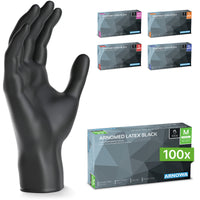 On the left is a black ARNOMED LATEX BLACK disposable glove from ARNOWA GmbH. To the right of it are five boxes of powder-free, black latex gloves in various sizes; the largest one in front contains 100 gloves in size M.