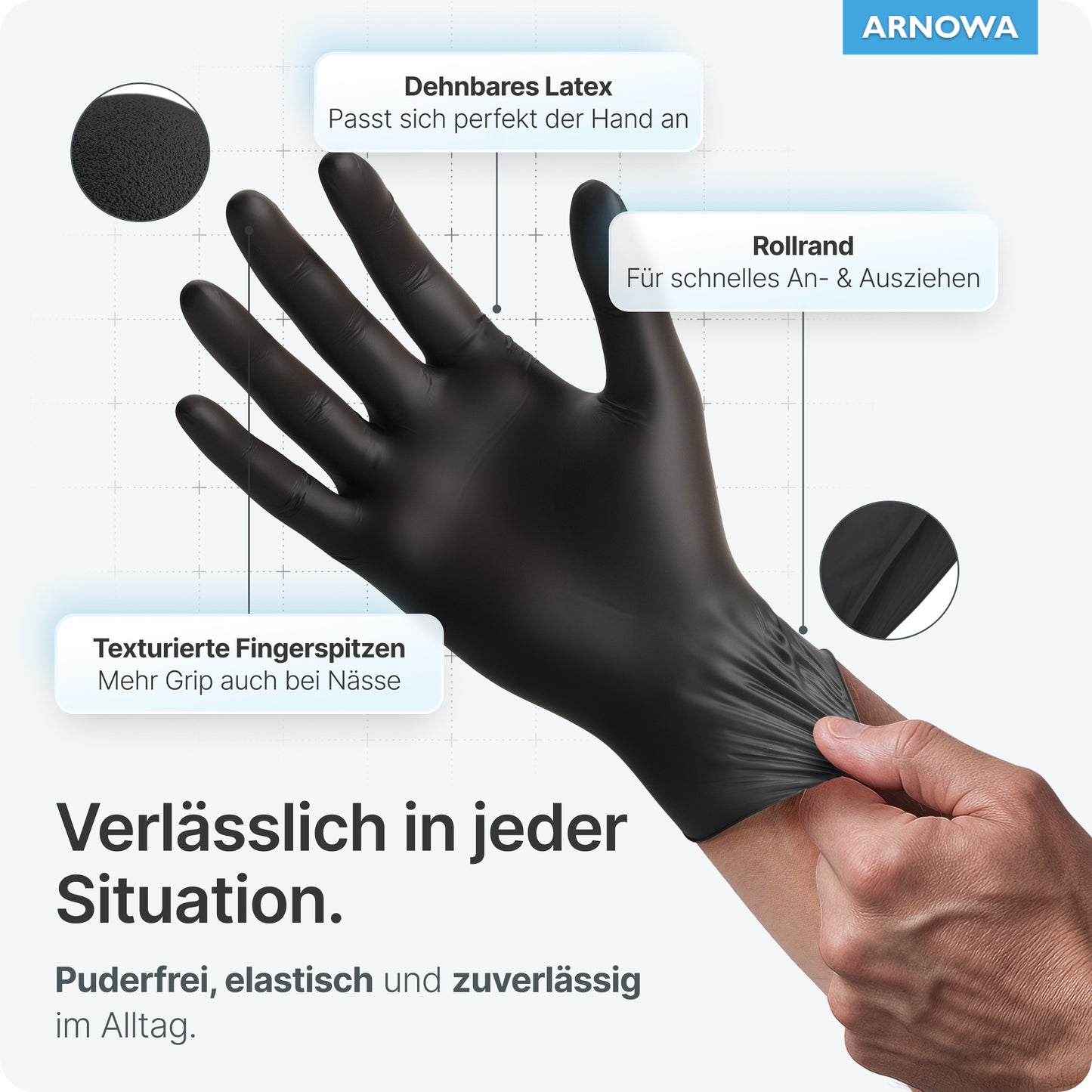 Eine Person trägt ARNOMED LATEX BLACK puderfreie Einmalhandschuhe aus Latex in Schwarz von ARNOWA GmbH, mit dehnbaren Latex, texturierten Fingerspitzen für Griff und gerollten Rand-alle Produktinfos auf Deutsch.