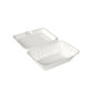 The BioPak menu box 530 ml made of white bagasse from Duni GmbH (185x143x62 mm, 50 pieces) is an environmentally friendly packaging with a hinged lid and ribbed sides - ideal for sustainable enjoyment.