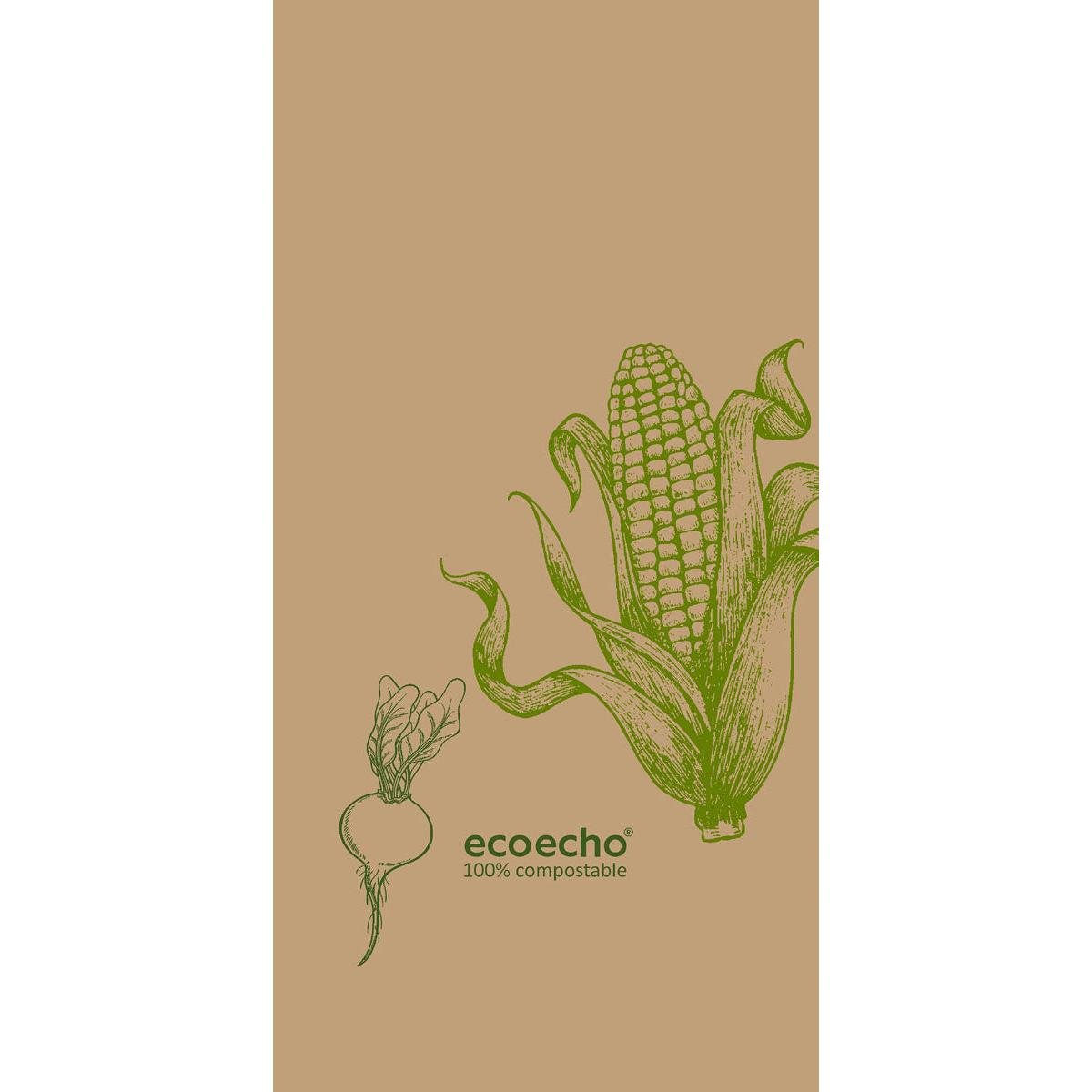 An illustration of corn and a root vegetable on a light brown background with "ecoecho 100% compostable" underneath highlights the Duni GmbH tissue napkins 40 x 40 cm, 2-ply, 1/8 book fold Veggies, pack (300 pieces).