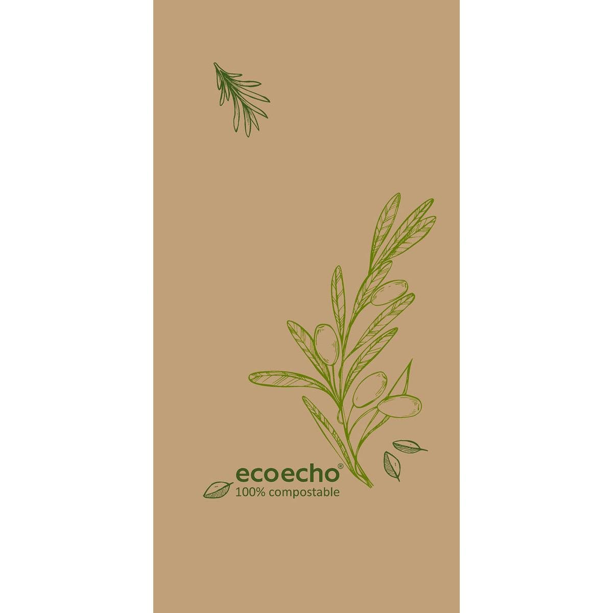 Cellulose napkins 40 x 40 cm, 3-ply, 1/8 top fold Veggies by Duni GmbH: Beige with green olive branches, text "eco echo 100% compostable." Pack of 250 pieces.