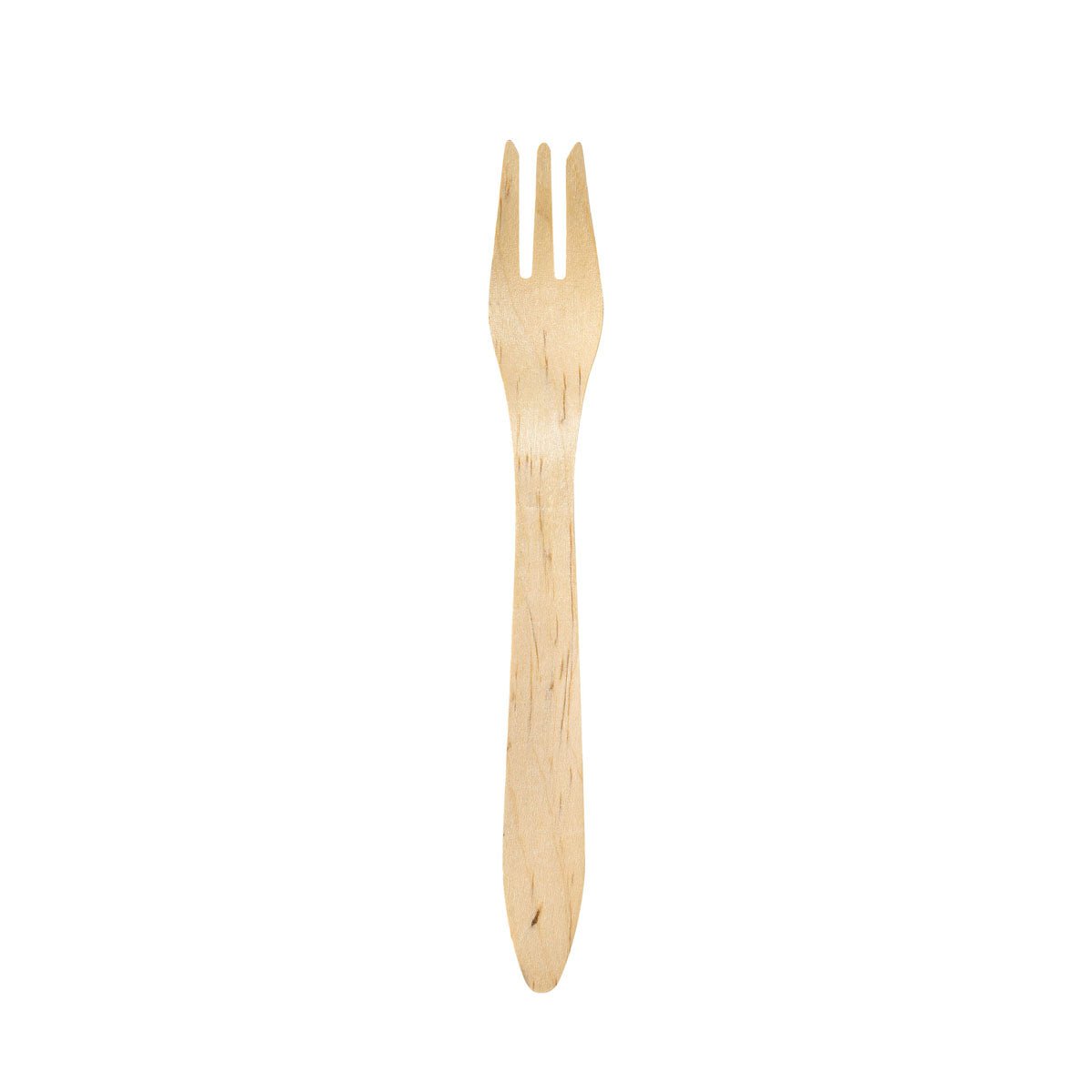 Eine einzelne Duni GmbH Gabel 190 mm, Holz gewachst, steht aufrecht vor weißem Hintergrund - ein minimalistisches Beispiel für nachhaltiges Einwegbesteck (Packung: 100 Stück).