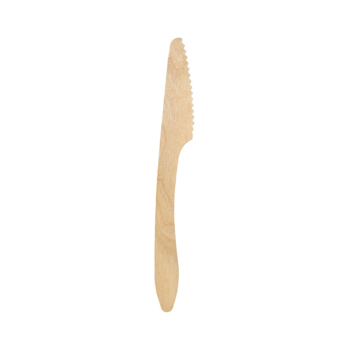 The image shows a 190 mm knife with a waxed wooden handle and a serrated blade, manufactured by Duni GmbH, on a white background. Packaging unit: 100 pieces.