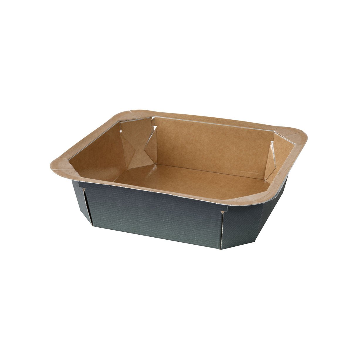 A rectangular, brown-black Forum bowl printed paper/PE food tray by Duni GmbH with folded edges, made of disposable cardboard/paper/PE material, is empty and stands against a plain white background.