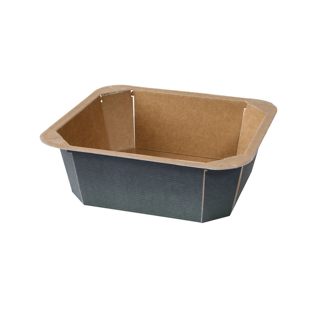 The Forum bowl printed paper/PE by Duni GmbH is a rectangular, open-top food container made of brown and black cardboard with reinforced edges and vertical seams, depicted empty against a plain white background.