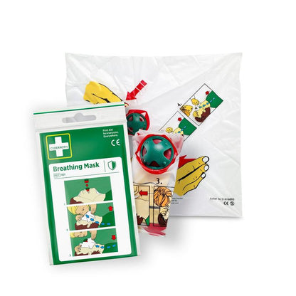 Die Cederroth Atemmaske | Packung (1 Stück) von Orkla Wound Care AB enthält eine gefaltete Kunststofffolie zum Schutz vor Staub und grün/rote Maskenteile, alle mit einer bebilderten Schritt-für-Schritt-Anleitung auf weißem Hintergrund.
