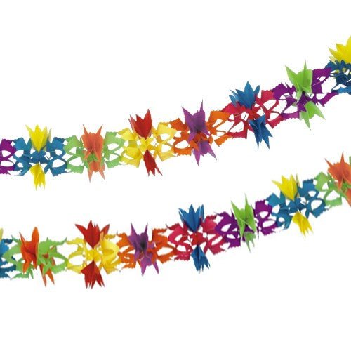 Die PAPSTAR Girlande "Fantasy" ist eine 6 m lange Papiergirlande (Ø 17 cm) mit farbenfrohen ausgeschnittenen Formen in Rot, Gelb, Grün, Blau, Lila und Orange, die Ihre Party zum Leuchten bringt. Perfektes, lebendiges Dekor der PAPSTAR GmbH. Abgebildet als zwei sich überlappende Stränge.