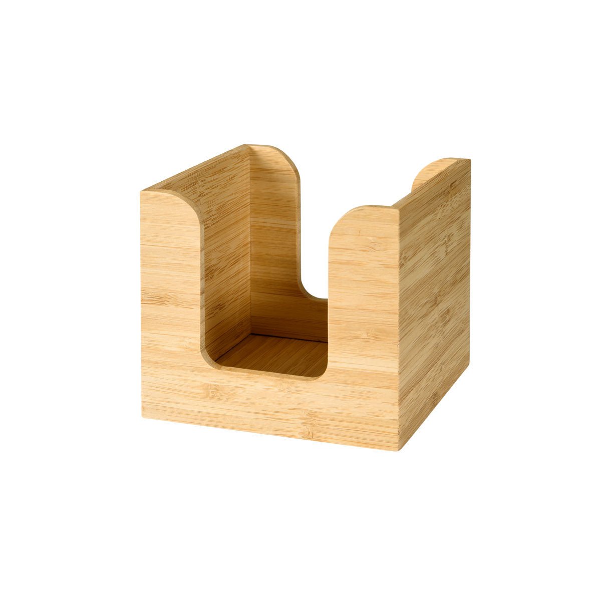The Duni GmbH Bamboo Napkin Holder (11x11 cm) is a stylish, square bamboo table organizer with curved cutouts on the sides, ideal for holding napkins or coasters.