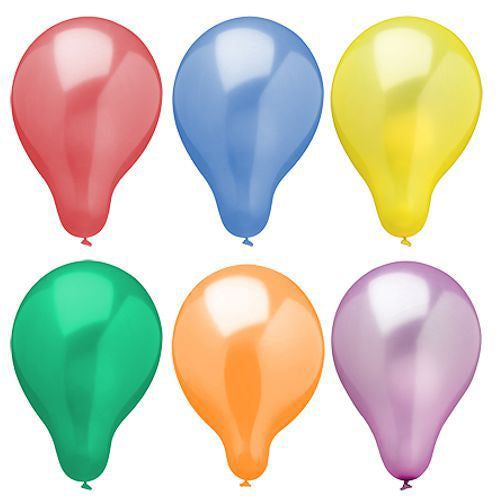 Sechs aufgeblasene PAPSTAR GmbH Luftballons Ø 25 cm, farbig sortiert, Metallic-Design, zweireihig angeordnet und in leuchtenden Farben, bilden eine perfekte Partydekoration vor einem schlichten weißen Hintergrund. Beutel enthält 25 Stück.