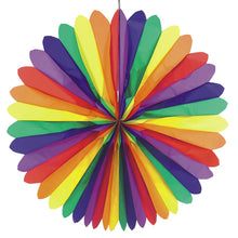 The PAPSTAR decorative fans "Rainbow" (Ø 120 cm, flame retardant) from PAPSTAR GmbH display alternating red, orange, yellow, green, blue, and violet sections in a symmetrical, round design and are depicted on a white background.