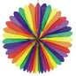 The PAPSTAR decorative fans "Rainbow" (Ø 120 cm, flame retardant) from PAPSTAR GmbH display alternating red, orange, yellow, green, blue, and violet sections in a symmetrical, round design and are depicted on a white background.