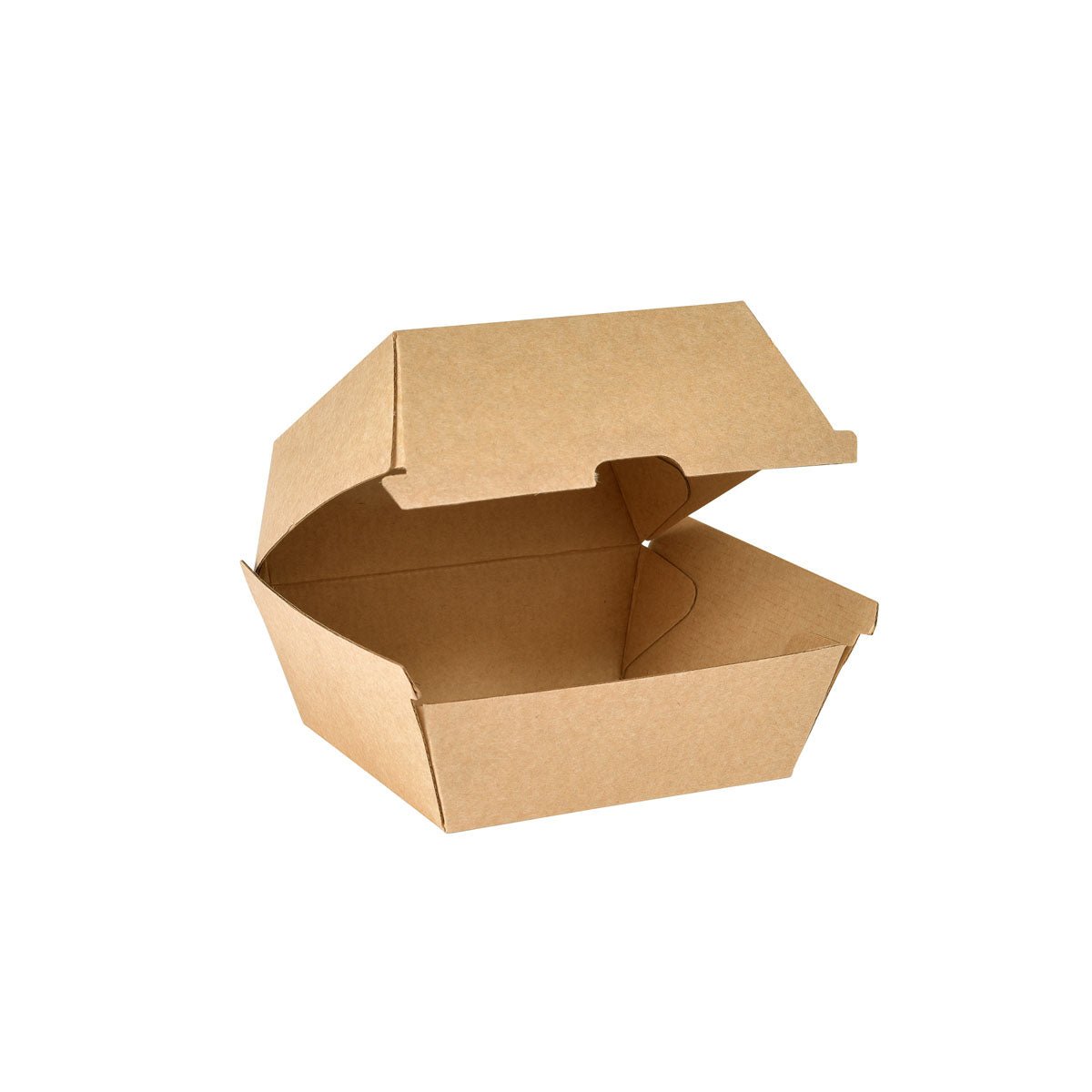 The BioPak Clam Box Small Brown Cardboard FSC 105x102x84 from Duni GmbH, opened on a white background, is an eco-friendly packaging and ideal for sustainable takeaway solutions. Pack of 55 pieces.