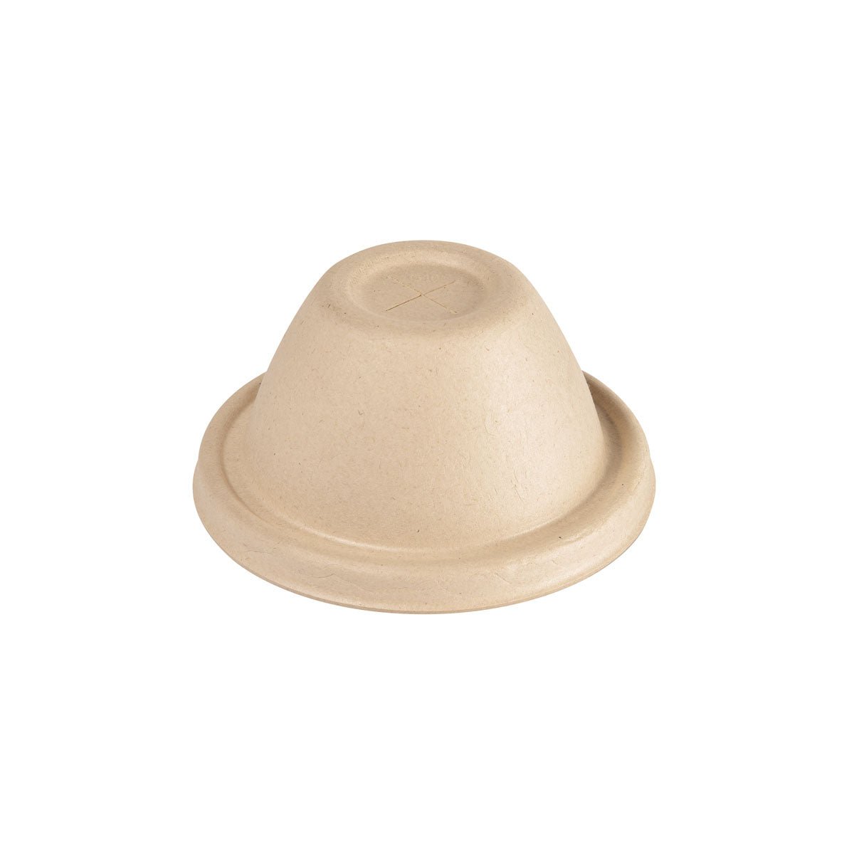 A brown, dome-shaped bagasse dome lid from Duni GmbH for cups 35/47/59 cl, made from sustainable bagasse material with a round edge, presented against a white background. Pack of 500 pieces.