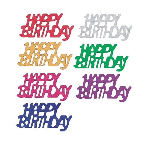 PAPSTAR "Happy Birthday" decorative sprinkles in colored foil (15 g bag) feature bold, colorful designs—red, silver, yellow, green, pink, purple, and blue—on a white background. Perfect for birthday table decorations.