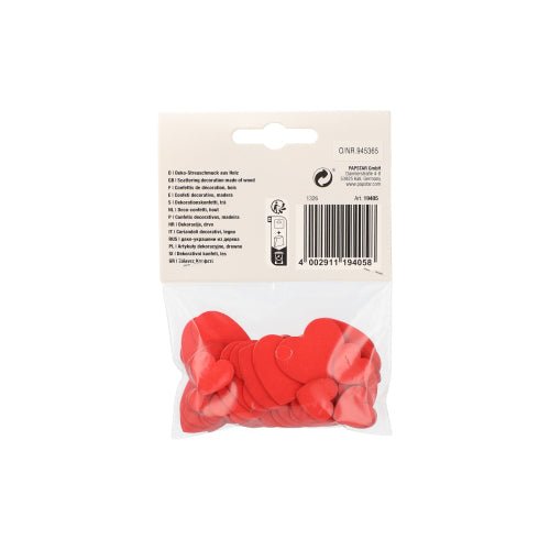 In einem durchsichtigen Beutel befinden sich mehrere flache, rote PAPSTAR Deko-Streuschmuck Holzherzen zur Dekoration, gekrönt von einem beigen Etikett mit Produktinfo und Barcode. Von der PAPSTAR GmbH: ideale Holzherz-Akzente für kreative Dekorationen.