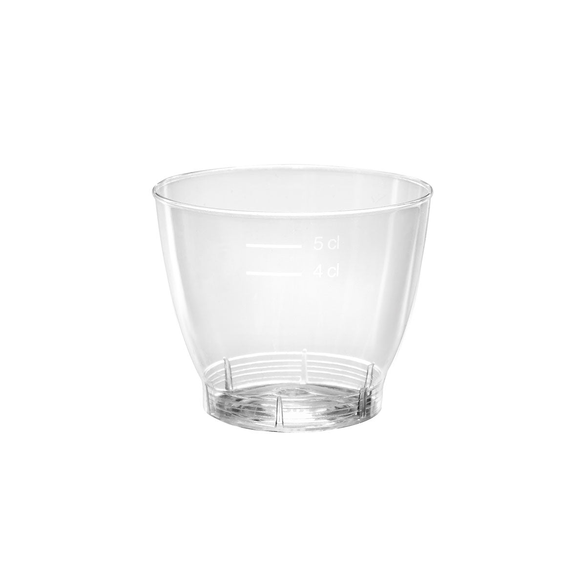 The Duni GmbH Crystallo portion glass 65 ml made of transparent PLA is depicted with the markings 4 cl and 5 cl on a white background. The package contains 40 pieces.