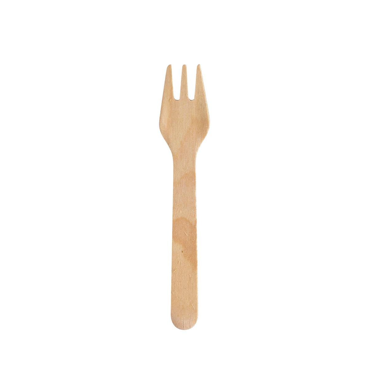 The mini fork Silva 90 mm from Duni GmbH, made of waxed wood as sustainable disposable cutlery (pack of 100 pieces), is depicted with three prongs against a white background.
