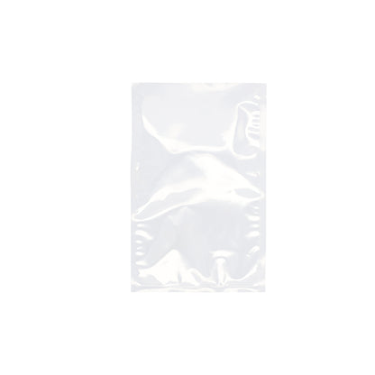 A clear Starpak 100 vacuum seal bag, PA/PE transparent, lies flat on a white background. With its sealed edges, this Starpak bag is ideal for vacuum sealing food with a chamber vacuum sealer.