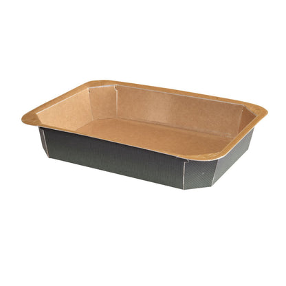 A rectangular, brown disposable paper tray with raised edges, the Forum bowl printed paper/PE by Duni GmbH, stands empty on a white background.