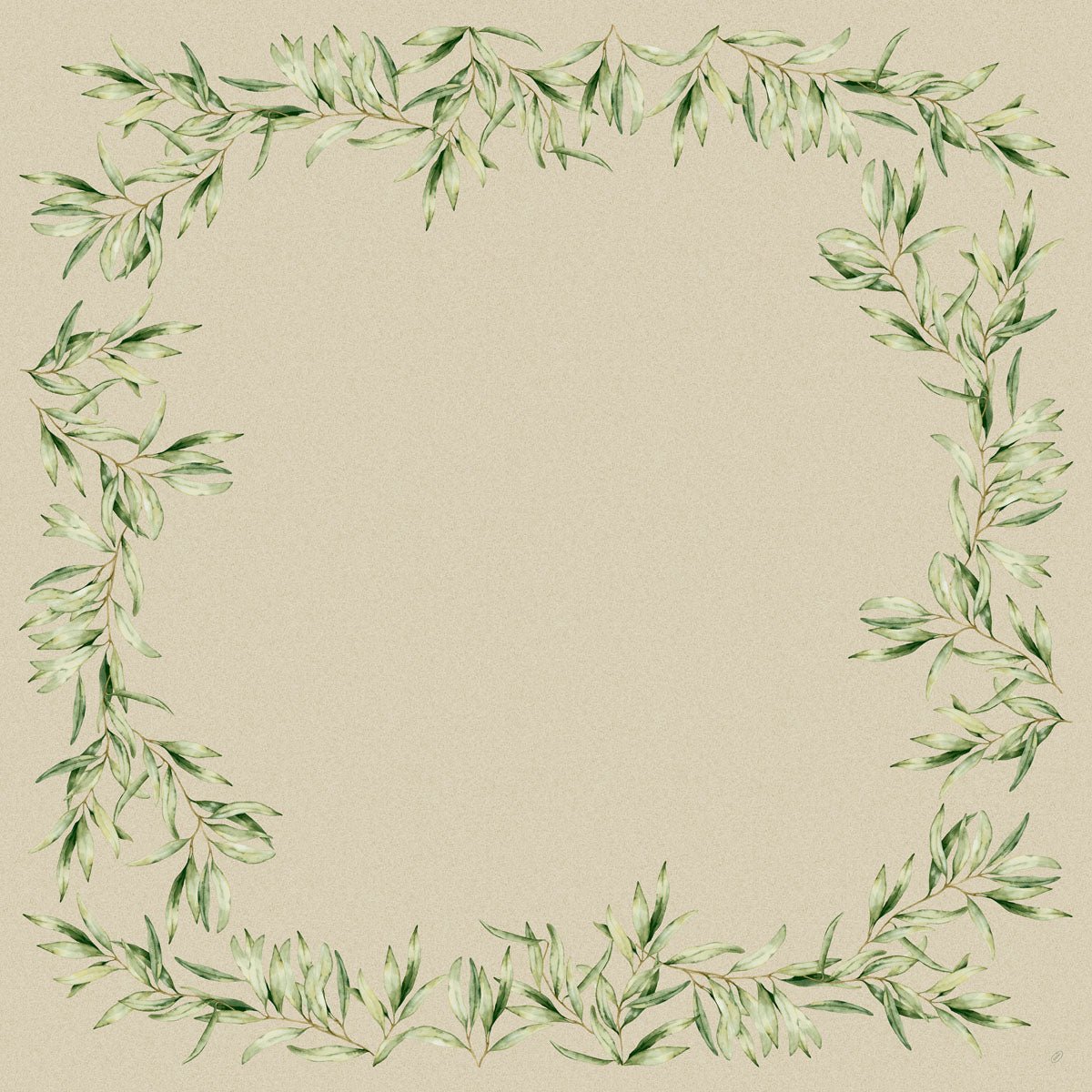 Die Dunicel-Mitteldecken 84 x 84 cm Foliage von Duni GmbH bieten einen quadratischen Rahmen aus aquarellgrünen Blätterzweigen und einem hellbeigen Zentrum, ideal für eine elegante Tischdekoration. Jede Packung enthält 20 Stück.
