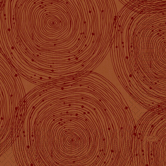 Ein Muster aus sich überschneidenden, dünnen roten konzentrischen Kreisen und verstreuten roten Punkten auf braunem Grund ist auf Duni GmbH Zelltuchservietten 33 x 33 cm, 3-lagig, 1/4 Falz Erdig | Packung (50 Stück) gedruckt.