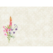 A watercolor of pink and orange lupines with violet blooms on green stems, left on a beige geometric background - ideal for Duni GmbH Dunicel sets 30x40.