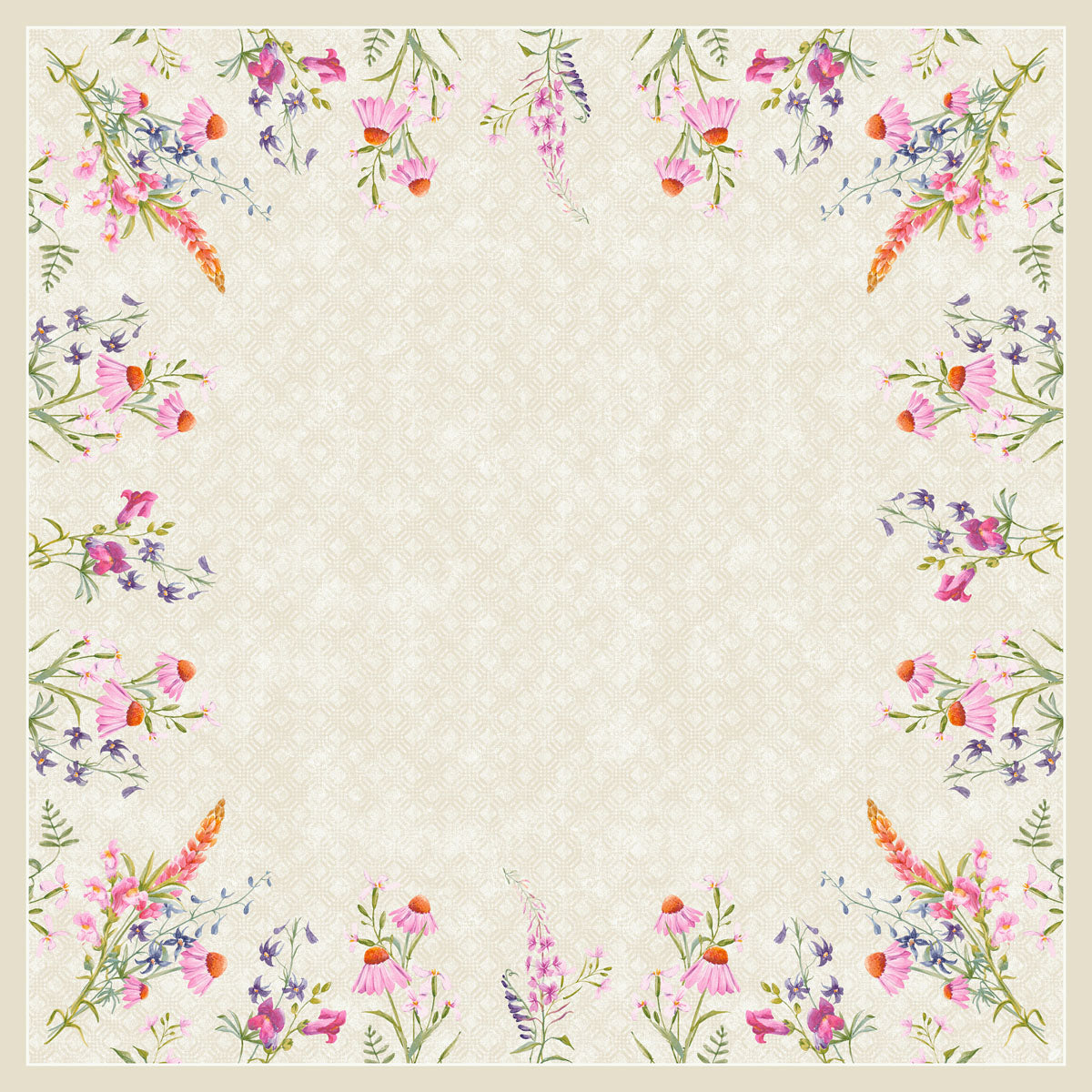 Ein quadratischer Rahmen mit farbenfrohen Aquarellblumen im Floret-Design und grünen Blättern hebt einen leeren, dezent strukturierten beigen Mittelpunkt hervor - ideal für die Dunicel Mitteldecke 84x84 cm Floret (Packung 20 Stück) der Duni GmbH als elegante Tischdekoration.