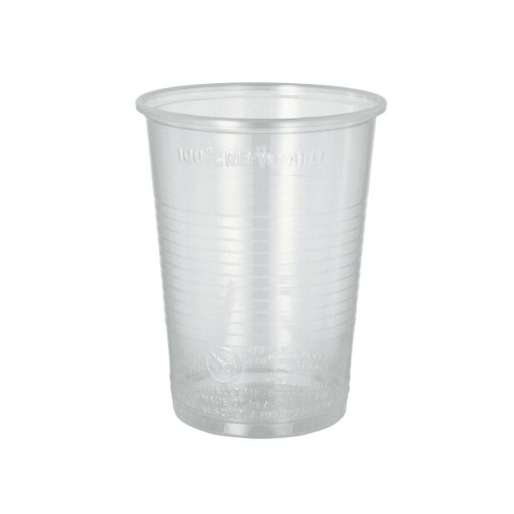 A transparent Starpak plastic cup (PP) with vertical grooves is shown against a plain white background. The 0.4-liter cup, which is 9.5 cm in diameter and 12.2 cm tall, appears to be empty and has embossed text at the top.