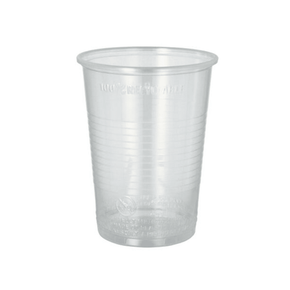 A transparent Starpak plastic cup (PP) with vertical grooves is shown against a plain white background. The 0.4-liter cup, which is 9.5 cm in diameter and 12.2 cm tall, appears to be empty and has embossed text at the top.
