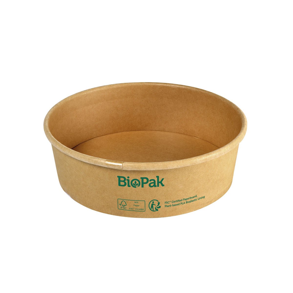 A round, brown, biodegradable Ronda WIDE cardboard/PLA tray from Duni GmbH, featuring green eco-symbols, is shown against a white background.
