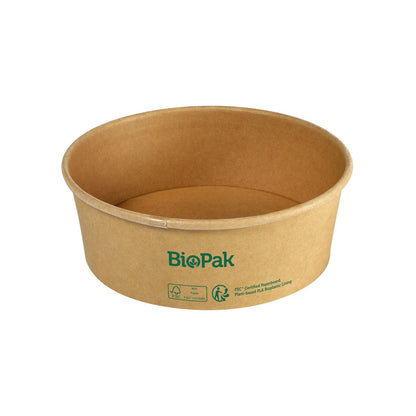 A brown, round Ronda WIDE cardboard/PLA bowl from Duni GmbH with the green BioPak logo and certification symbols on the outside, shown against a white background.