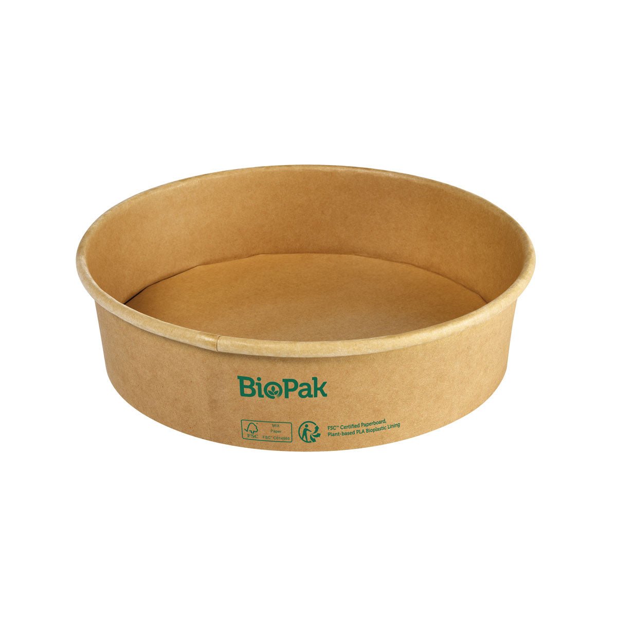 The Bowl Ronda WIDE+ Cardboard/PLA Brown 900 ml from Duni GmbH made of FSC cardboard, with BioPak logo and green recycling symbols, is round, brown, and is presented in a pack of 50 against a white background.