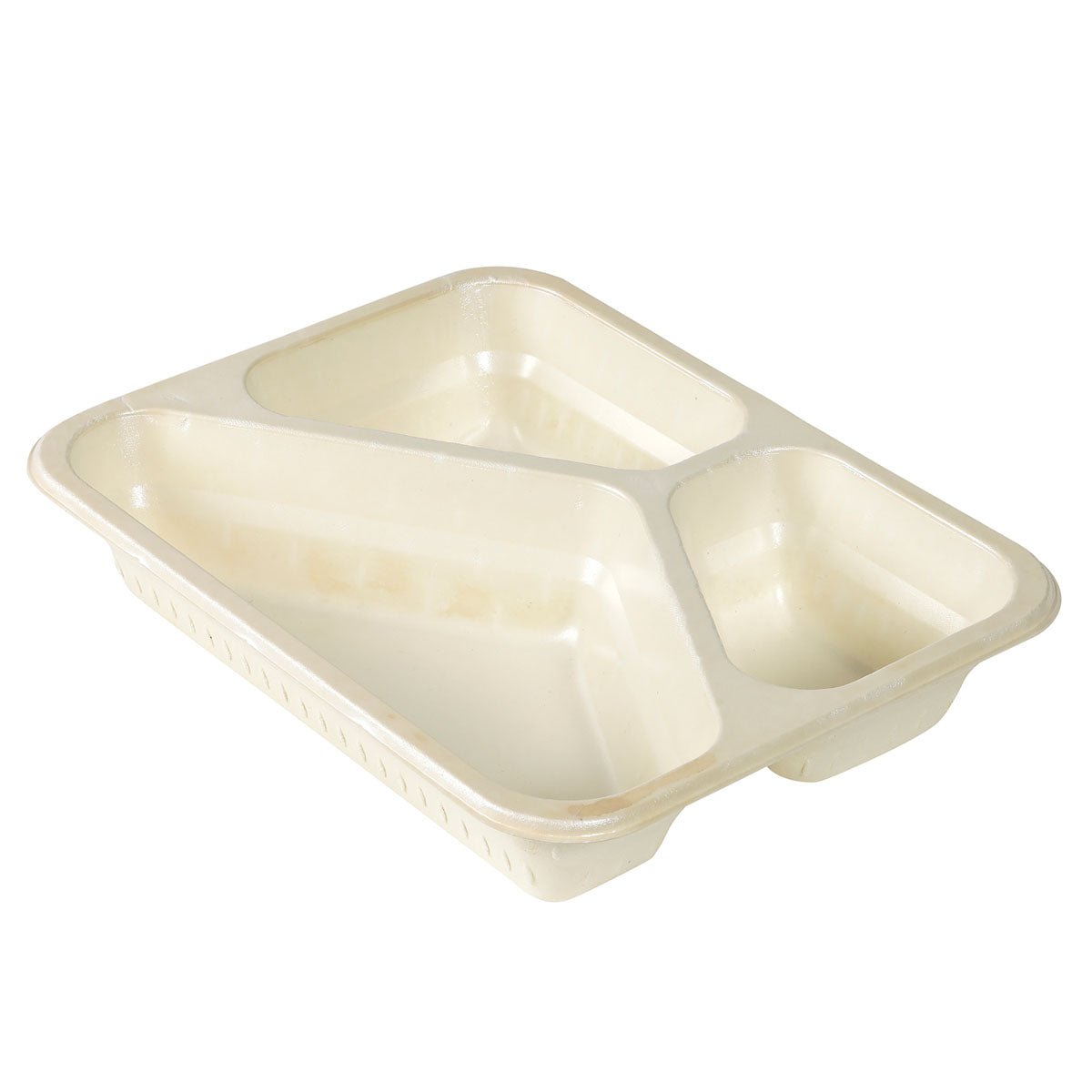 The Fibretray Caterline 3-comp 3 Natur from Duni GmbH, made of wood fiber (227x178x45 mm), biodegradable and environmentally friendly, features three separate compartments and is presented here on a white background.